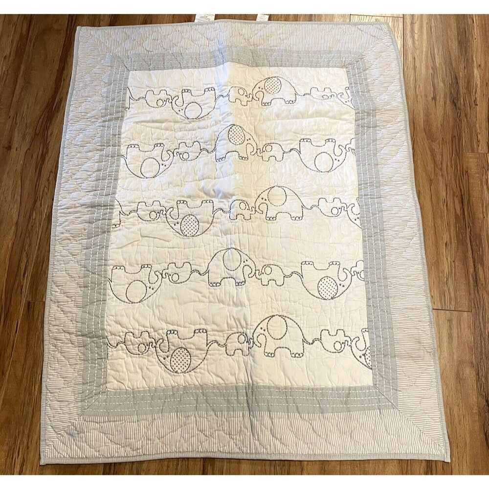 Just Born Baby Blanket Quilt Crib Elephant Theme 44" x 34" Hang Gray Cotton
